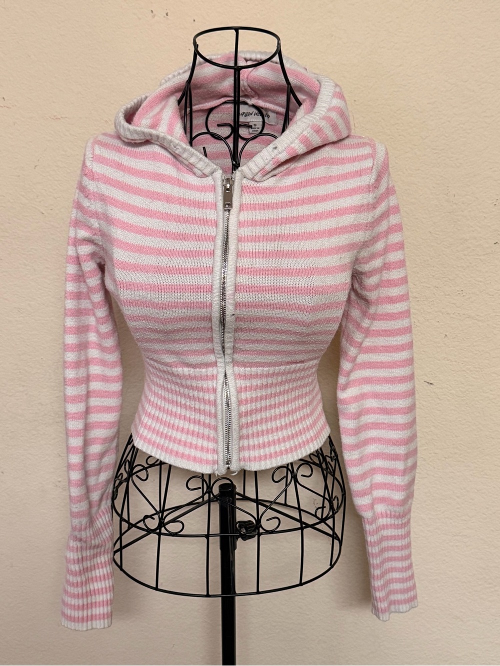 Urban Weekend Pink White Striped Zip Up Hoodie Sweater Cropped Fitted Size S